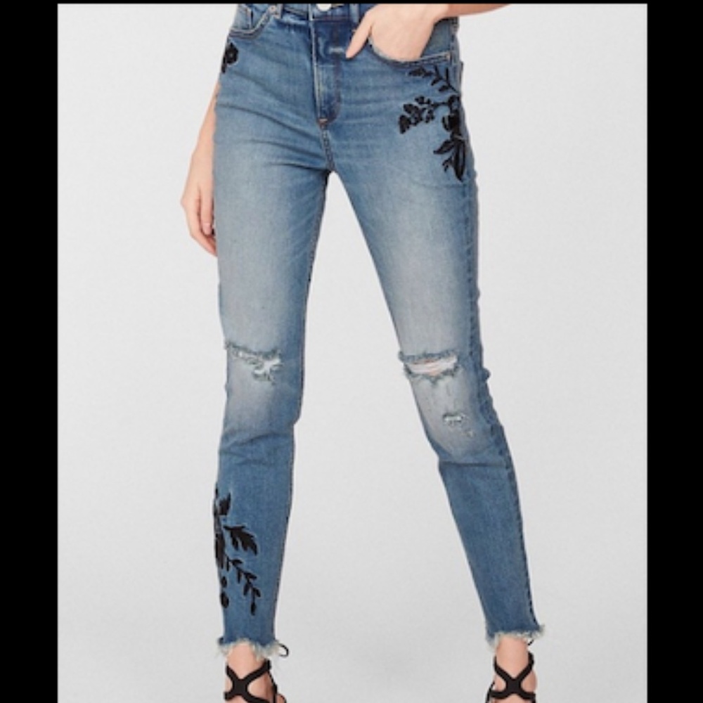 EXPRESS Distressed Embroidered Skinny Jeans
